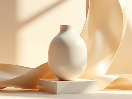 부드러운 흰색의 핸드메이드 도자기 화병이 미니멀한 받침대 위에 우아하게 전시되고, 주위에 흐르는 새틴 천이 부드럽게 드리워져 있으며, 따뜻하게 확산된 아침 햇빛이 비춰져 프리미엄하고 현대적인 분위기를 연출합니다.