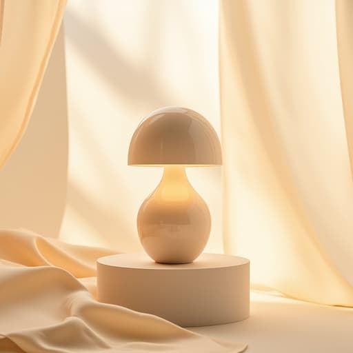 부드러운 베이지 색상의 현대적인 세라믹 테이블 램프가 미니멀한 받침대 위에 놓여 있고, 부드러운 파스텔 직물 주름으로 둘러싸여 있으며, 따뜻한 확산 아침 빛에 부드럽게 비춰져 차분한 분위기를 만들어냅니다.
