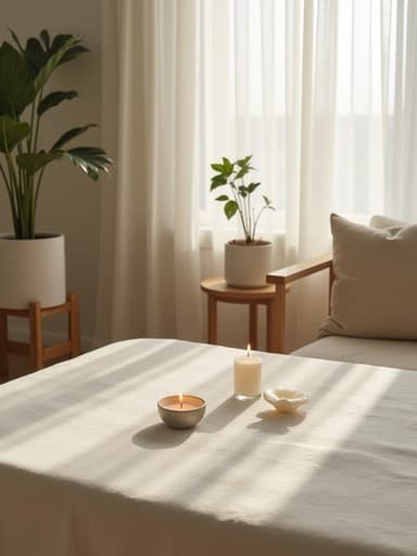 섬세한 티라이트 캔들이 부드럽고 질감 있는 흰 리넨 테이블보 위에 놓여 있으며, 최소한의 북촌 거실에서 부드러운 햇살이 시스루 흰 커튼을 통해 비추어져 포대 식물과 나무 장식으로 꾸며져 있어 고요하고 아늑한 아침을 연상시키는 분위기를 자아냅니다.