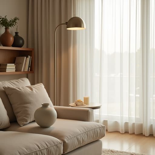 아늑한 인테리어 장면으로, 부드러운 자연채광이 시원한 거실의 나무 선반과 푹신한 러그로 장식된 공간에서 투명한 흰색 커튼을 통해 부드럽게 비추어지는 미니멀한 무광 세라믹 꽃병과 스타일리시한 브러시드 메탈 램프가 함께 놓여 있다.