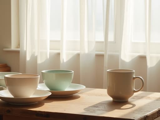 아늑하고 미니멀한 장면에서 매트 세라믹 머그컵이 부카촌의 밝고 공기가 잘 통하는 주방의 부드러운 아침 햇살이 비치는 얇은 흰색 커튼 사이로 보이는 시골 나무 테이블 위에 놓여 있고, 섬세한 파스텔 색상의 접시들이 둘러싸여 있습니다.