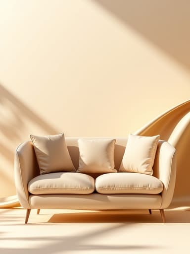 현대적인 베이지색 패브릭 소파가 부드러운 파스텔 색상의 바닥 위에 우아하게 놓여 있고, 부드러운 새틴 원단 주름으로 둘러싸여 있으며, 따뜻하게 확산된 아침 빛에 휩싸여 편안하고 깨끗한 분위기를 연출합니다.