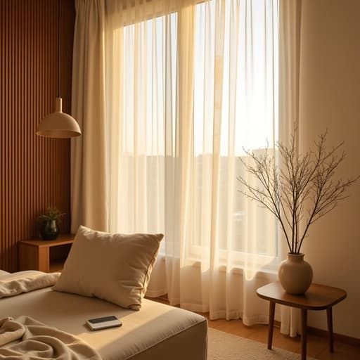 북촌의 미니멀한 거실에 있는 무드등, 따뜻한 나무 질감, 부드러운 아침 햇살이 투명한 흰 커튼을 통과하여 차분한 분위기를 만들어 내며, 휴식과 마음챙김에 적합한 분위기를 연출합니다.