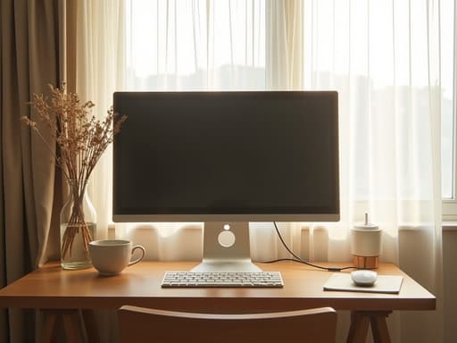 세련되고 미니멀한 디자인의 모니터가 아늑한 나무 책상 위에 우아하게 놓여 있으며, 스타일리시한 성수동 스튜디오의 얇은 흰색 커튼을 통과하는 부드러운 아침 햇살에 둘러싸여 있어 일하거나 휴식을 취하기에 완벽한 차분하고 영감을 주는 분위기를 만들어냅니다.