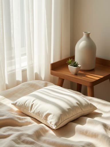 부드러운 베이지 린넨 천 위에 우아하게 놓인 선케어 쿠션이 있으며, 부드러운 그림자를 드리우며 자연광이 하얀 얇은 커튼을 통과하여 나무 선반 위의 작은 다육식물과 매트 세라믹 꽃병을 장식하고, 차분한 미니멀리즘과 아침의 고요함을 느끼게 합니다.