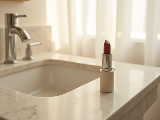 매트 세라믹 립스틱이 부드러운 아침 햇살이 희미한 흰색 커튼을 통해 필터링되면서 편안하고 미니멀한 제주 욕실의 질감이 있는 대리석 화장대 위에 놓여 있는 클로즈업, 아늑하고 평화로운 분위기를 만들어냅니다.