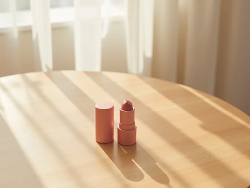부드러운 질감의 나무 테이블에 우아하게 놓인 매트 세라믹 립 틴트, 편안한 성수동 스튜디오에서 부드러운 아침 햇살이 투명한 흰색 커튼 사이로 비치며 평온함과 따뜻함을 불러일으킨다.