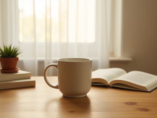 매트 세라믹 머그가 나무 주방 테이블 위에 놓여있고, 부드러운 아침 햇살이 희미한 흰색 커튼을 통해 비치며, 작은 화분과 열린 요리책이 주변에 있어 아늑하고 평화로운 분위기를 만들어냅니다.