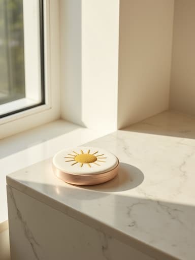 제주에서 밝고 고요한 욕실의 브러시드 대리석 조리대 위에 놓인 선케어 쿠션과 부드러운 아침 햇살이 장면을 부드럽게 비추어 신선하고 초대하는 분위기를 만들어냅니다.