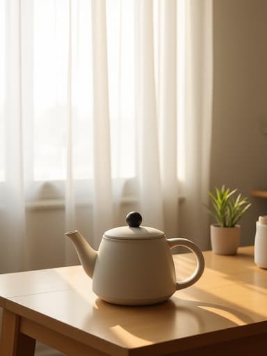 따뜻한 나무 주방 탁자 위에 아늑한 매트 세라믹 주전자가 놓여 있고, 부드러운 아침 햇살이 얇은 흰 커튼을 통해 비추며, 최소한의 세라믹 화분에 담긴 작은 다육식물이 보입니다. 한남동의 아름답게 스타일링된 주방 공간에서 평화롭고 아늑한 분위기를 만들어냅니다.