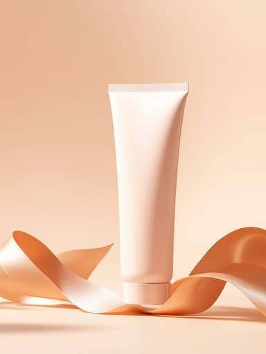 부드러운 복숭아색 새틴 리본 위에 우아하게 배치된 평범한 흰색 핸드크림 튜브, 부드러운 아침 빛이 장면을 비추며 현대적이고 깨끗한 미학을 만들어냅니다.