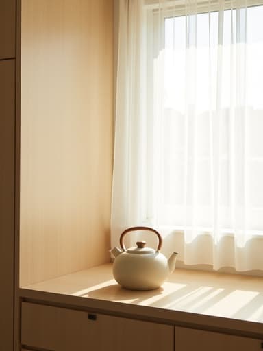 한남동의 햇살이 잘 드는 공유 주방의 밝은 색 나무 주방 싱크대 위에 놓인 미니멀한 매트 세라믹 주전자가 있으며, 부드러운 아침 햇빛이 희미한 흰색 커튼을 통해 비추어져 아늑하고 초대하는 분위기를 자아냅니다.