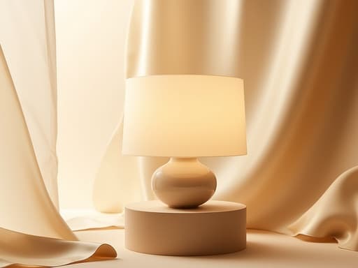 부드러운 크림색의 미니멀한 세라믹 테이블 램프가 질감 있는 베이지색 받침대 위에 우아하게 놓여 있으며, 배경에는 흐르는 새틴 소재의 드레이프가 있고, 따뜻한 확산된 자연광에 의해 조명되어 평화롭고 매력적인 분위기를 만들어냅니다.