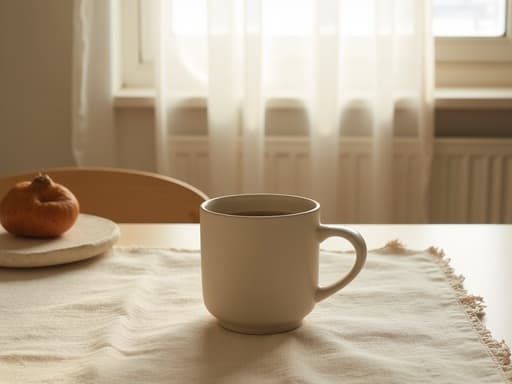 매트 세라믹 머그컵이 질감 있는 리넨 테이블보 위에 놓여져 있고, 부드럽게 조명이 비추는 주방 조리대가 바로 옆에 있는 아늑한 장면으로, 부드러운 하얀 커튼을 통해 햇빛이 필터링되어 따뜻하고 초대하는 분위기를 만들어내며 미니멀한 장식의 한남동 아파트의 아침을 떠올리게 합니다.