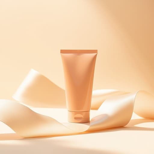 자외선 차단제, 연한 아이보리 색의 새틴 리본, 부드러운 천 주름, 깔끔하고 현대적이며 따뜻한