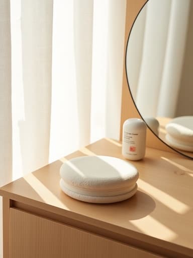 부드럽고 매트한 질감의 선케어 쿠션이 밝은 나무 화장대 위에 우아하게 놓여 있고, 흰 리넨 커튼이 동쪽에서 비치는 자연광을 부드럽게 확산시키며 아늑하고 평온한 분위기가 따뜻함과 편안함을 초대합니다.