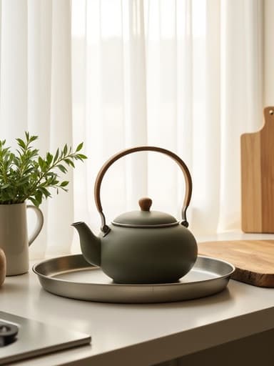 매트한 세라믹 주전자가 부드러운 금속 쟁반 위에 우아하게 놓이고, 한남동의 밝고 통풍이 잘 되는 주방에서 희미한 흰색 커튼을 통해 부드러운 아침 햇살이 비추며, 신선한 허브와 소박한 나무 도마로 둘러싸여 평화롭고 초대하는 분위기를 만드는 아늑하고 미니멀한 정물화입니다.