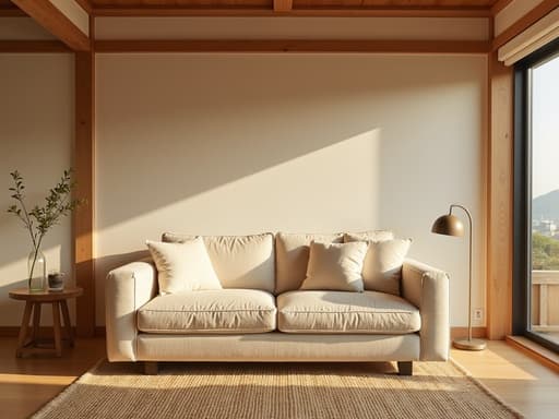 부드러운 패브릭 쿠션이 있는 푹신한 연베이지색 소파가 있는 아늑하고 미니멀한 거실 장면으로, 따뜻한 햇살이 비치는 북촌 한옥의 배경을 가지고 있으며, 나무 빔과 엮인 러그로 장식된 공간이 부드러운 아침 햇빛에 감싸여 있습니다. 인스타그램의 매력적인 미학을 연상시킵니다, 아이폰으로 촬영된.
