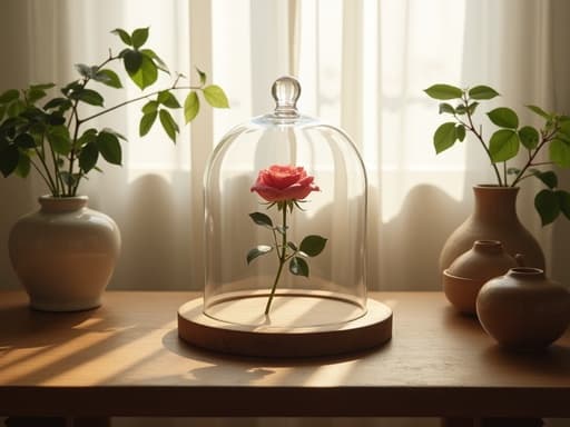 조용한 정물 장면이 있는 유리 돔 안에 장미가 들어있고, 아늑한 북촌 거실에서 식물과 수공예 도자기들로 둘러싸인 거칠고 나무로 된 테이블 위에 놓여 있으며, 부드러운 아침 햇살이 얇은 흰 커튼 사이로 비추고 있어, 아이폰 사진처럼 미니멀하고 고요한 미감을 담고 있습니다.