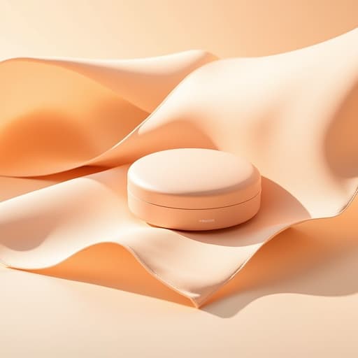 소프트 복숭아색의 선크림 쿠션이 미니멀한 환경에 배치되어 있으며, 부드러운 천 주름과 파스텔 톤으로 둘러싸여 있고, 따뜻한 확산된 아침 빛으로 조명되어 있으며, 50mm 렌즈로 f/2.2에서 촬영되었고, ISO 100, 셔터 1/160s입니다.