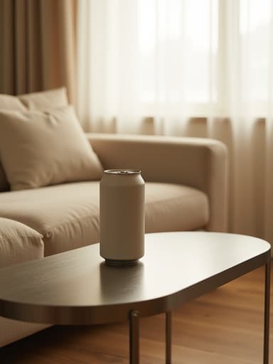 캔맥주, 매트한 마감, 아늑한 북촌 거실과 브러시 금속 테이블, 시스 화이트 커튼, 따뜻하고 초대하는