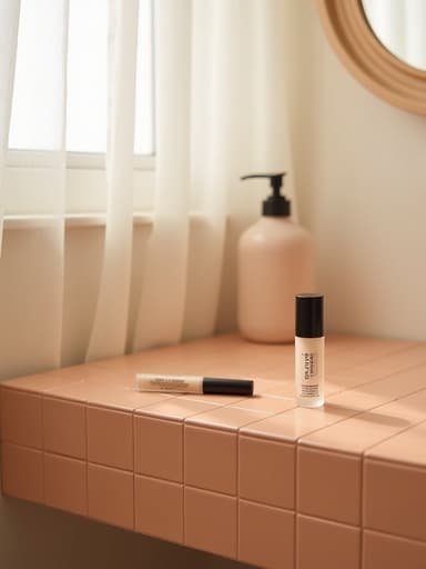 제주의 현대적인 욕실에서 부드러운 테라코타 타일 카운터 위에 놓인 방수 컨실러, 그녀리 하얀 커튼 사이로 여명이 비추어 아늑한 아침 일상과 미니멀한 스타일을 담아낸 iPhone 사진 같은 느낌.