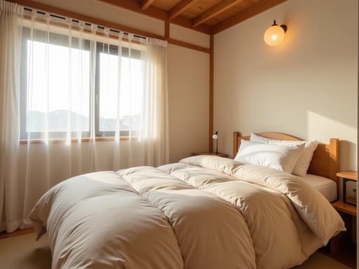 따뜻하고 아늑한 부엌에서 촬영된, 부드러운 베이지색 리넨 이불과 푹신한 흰색 베개가 있는 아늑한 싱글 침대가 부쿤의 따뜻하고 초대하는 침실에 위치해 있으며, 전통 목재 빔과 커다란 창문이 햇빛을 여린 흰색 커튼을 통해 필터링하고 있어 고요한 아침 분위기를 연출하고 있습니다.