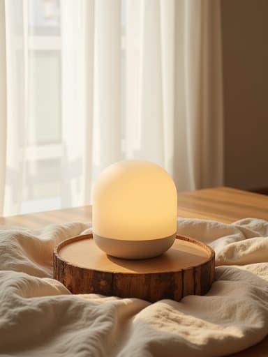 텍스처가 있는 나무 테이블 위에 매트한 세라믹 무드등이 놓여진 아늑한 플랫 레이가 있으며, 서울 한남동의 미니멀한 거실 공간에서 부드러운 아침 햇살이 흰색의 얇은 커튼을 통해 비추어져, 편안한 휴식을 위한 따뜻하고 매력적인 분위기를 자아냅니다.
