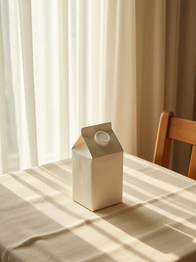 아늑한 느낌의 정물 사진으로, 한남동의 따뜻한 햇살이 드는 주방에서 질감 있는 린넨 테이블보 위에 미니멀한 흰색 우유 팩이 놓여 있는 장면, 희미한 흰색 커튼 사이로 햇빛이 스며들며 평화로운 분위기를 자아냅니다.