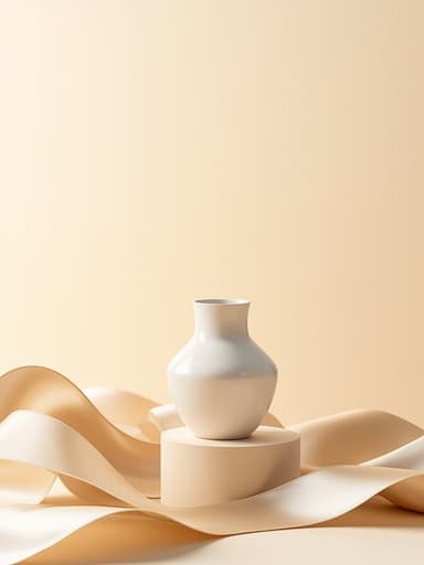 부드러운 베이지색 받침대에 우아하게 놓인 평범한 흰색 세라믹 화병이 파스텔 톤의 미니멀한 새틴 패브릭 접혀 있는 주변에 있으며, 따뜻하고 확산된 아침 빛에 의해 조명되어 깔끔하고 현대적인 분위기를 만들어냅니다.