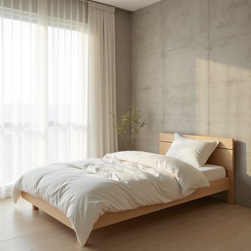 부드러운 흰색 리넨 이불로 덮인 가벼운 나무로 만든 미니멀한 싱글 침대가 질감이 있는 콘크리트 벽에 놓여 있고, 작은 화분으로 장식되어 있으며, 얇은 흰색 커튼을 통해 부드러운 아침 햇빛이 스며들어 현대적인 한국 아파트를 떠올리게 하는 차분하고 아늑한 분위기를 자아냅니다.