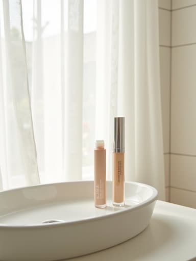 부드러운 매트 세라믹 화장대에 놓인 방수 컨실러와 섬세한 흰색 타일로 장식된 욕실, 얇은 흰색 커튼을 통과하는 햇빛으로 조명된 장면은 아늑한 한국 숙소를 연상시키는 신선하고 매력적인 분위기를 만들어냅니다.