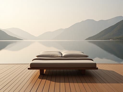 부드러운 아침 햇살 속에서 평온한 호수를 바라보는 부드러운 나무 데크 위에 놓인 미니멀한 퀸사이즈 침대, 부드러운 그림자와 얕은 피사계 심도를 특징으로 하는 부드럽고 파스텔 톤의 작품이다.