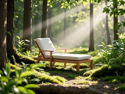 편안함과 평온함의 아이디어를 강조하며, 부드러운 햇살이 나뭇잎 사이로 걸러지는 고요한 미니멀한 숲 속에서 놓인 라운지 체어.