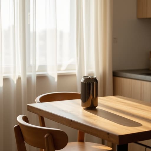 매끈한 음료 캔이 미니멀한 제주 숙소 주방의 자연스러운 나무 테이블에 놓여 있으며, 부드러운 아침 햇살이 투명한 흰 커튼을 통해 들어와 편안하고 초대하는 분위기를 만들어내어 아이폰으로 촬영된 라이프스타일 블로그를 연상시킵니다.