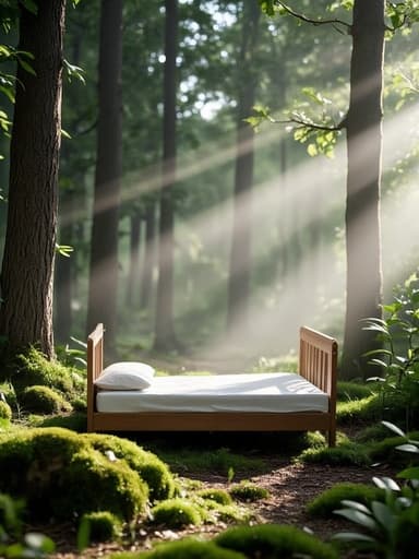 은은한 빛이 떠 있는 신비로운 숲 속 공터에 배치된 싱글 침대, 평화와 고요함을 불러일으키며 편안함과 휴식의 아이디어를 강조합니다.