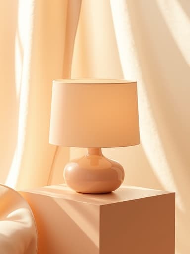 부드러운 파스텔 복숭아 색상의 미니멀한 세라믹 테이블 램프가 섬세한 패브릭 주름이 배경 역할을 하며 새틴 마감의 받침대에 우아하게 놓여 있고, 따뜻하고 확산된 아침 빛에 의해 조명이 비춰져 평화로운 분위기를 자아냅니다.
