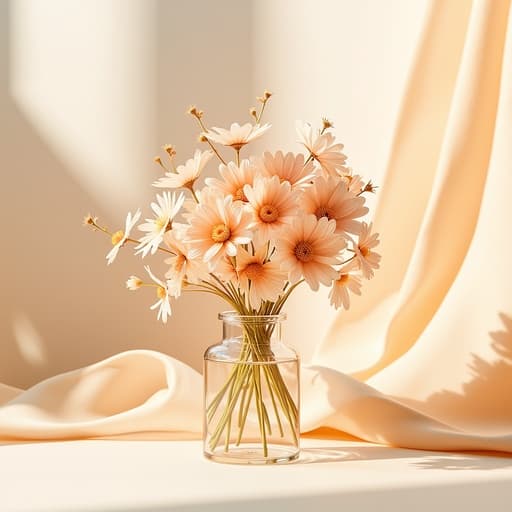 부드러운 파스텔 색조로 구성된 드라이플라워 장식이 투명 유리 꽃병에 우아하게 전시되어 있으며, 아이보리와 복숭아 색조의 부드러운 천 주름으로 구성된 미니멀한 추상 배경에 놓여 있고, 따뜻한 확산 아침 햇빛으로 밝혀져 있고, 50mm 렌즈로 f/2.8, ISO 100, 셔터 속도 1/150s로 촬영되었습니다.