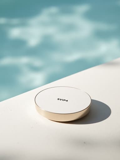 부드러운 아침 햇살 아래 잔잔한 물웅덩이 옆 매끄러운 흰 돌 표면에 섬세하게 놓인 선케어 쿠션, 부드러운 그림자와 얕은 깊이의 필드를 담고 있습니다.