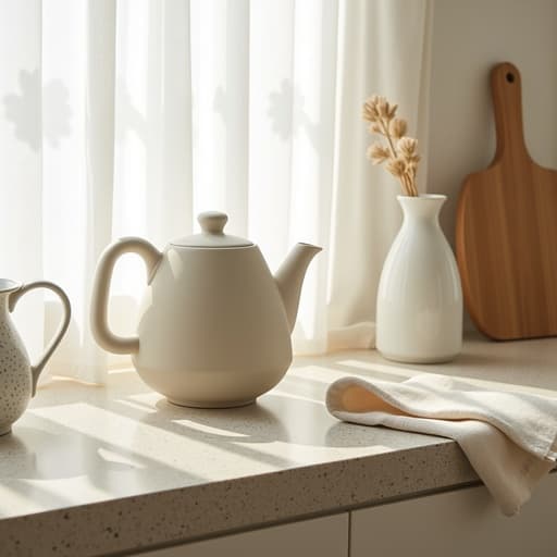 테라조 주방 조리대 위에 매트 세라믹 주전자와 부드러운 리넨 냅킨이 놓인 미니멀한 정물 사진, sheer 흰색 커튼을 통해 필터링되는 햇빛이 아늑한 한남동 주방에서 차분하고 초대하는 아침 분위기를 자아냅니다.