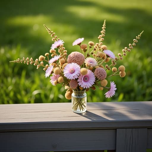 부드러운 아침 햇빛에 조명되어 있는 풍성한 녹색 풀밭을 배경으로 매끄럽고 오래된 나무 선반에 놓인 섬세한 드라이플라워 장식. 부드러운 그림자와 얕은 깊이의 필드를 강조하는 파스텔 톤.