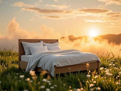 평화롭고 미니멀한 초원에서 일출에 배치된 싱글 침대, 부드러운 풀 위로 부드러운 안개가 감돌며 안락함과 편안함의 감각을 강조합니다.