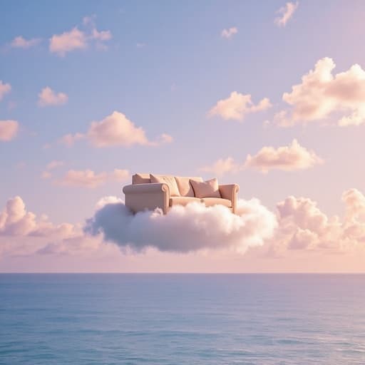 평화로운 바다 위에 떠 있는 구름 위에 놓인 소파로, 편안함과 휴식을 강조합니다.