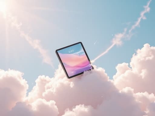 연결성과 무한한 창의성의 아이디어를 강조하며 부드러운 파스텔 하늘에 떠 있는 구름 위에 놓인 태블릿, 평온하고 상상력이 풍부한.