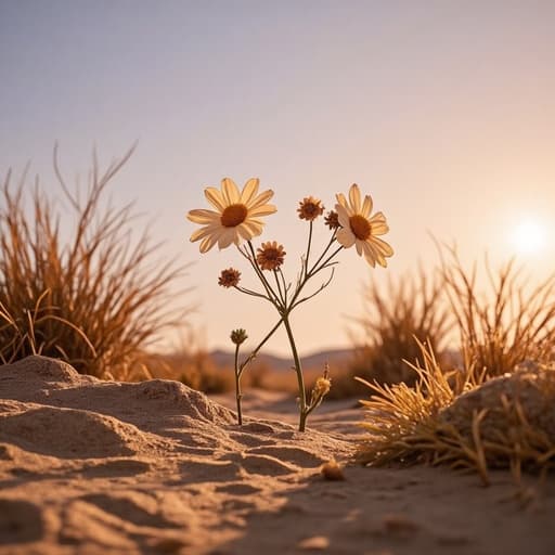 마른 꽃이 잔잔한, 미니멀한 풍경에 놓여져 있으며, 고요한 황혼의 사막을 연상하게 하고, 자연의 아름다움과 영원성을 강조하며, 초세밀하고 선명한 조명으로 촬영되었습니다.