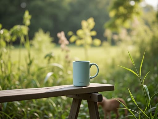 부드러운 아침 햇빛 아래, 부드러운 녹색 풀 사이에 있는 투박한 나무 테이블 위에 놓인 간단한 도자기 머그컵으로, 부드러운 그림자와 얕은 심도의 파스텔 톤이 잘 드러나 있습니다.