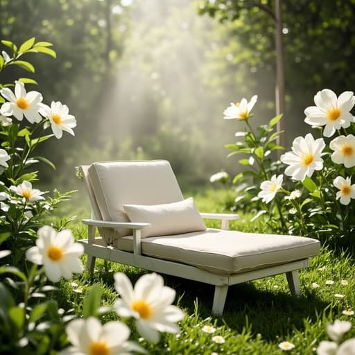 편안함과 평온함을 강조하며 거대한 꽃들이 피어나는 평화롭고 비현실적인 정원에 놓인 라운지 체어.