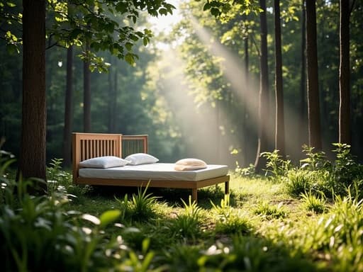 부드럽고 공상적인 빛이 나무 사이로 비치는 고요하고 꿈 같은 숲의 공터에 배치된 싱글 침대는 편안함과 고요함의 아이디어를 강조합니다.