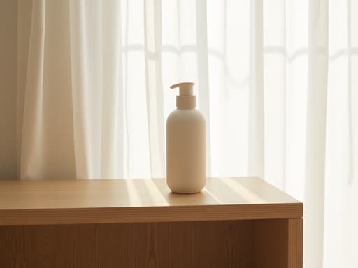 매끈한 세라믹 자외선 차단제 병이 질감 있는 나무 선반 위에 놓인 미니멀한 장면, 부드러운 아침 햇살이 시원한 흰 커튼을 통해 내려와 세종동에 위치한 아늑한 스튜디오에서 초대하고 평화로운 분위기를 만들어냅니다.