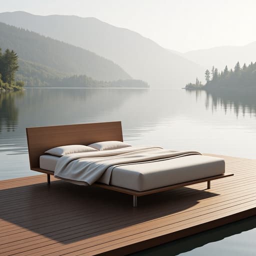 부드러운 아침 햇살로 부드러운 반사를 만들어내는 고요한 호수를 바라보며 매끄러운 나무 데크에 우아하게 놓인 퀸사이즈 침대, 부드러운 그림자와 얕은 깊이의 필드와 함께 전체 장면에서 파스텔 톤을 보여줍니다.